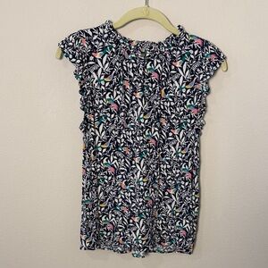 Loft Navy Floral Bird Print Flutter Sleeve Top - Multicolor